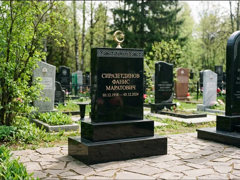 Мусульманский памятник: ступенчатая трёхуровневая стела — золочёная гравировка мечети, дорожка из природного плитняка, работа «Мустафин» в Челябинске
