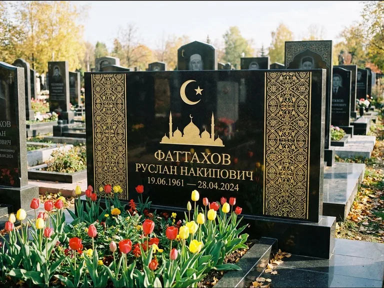 Мусульманский памятник: широкая панорамная стела с золочёным орнаментом — гравировка минарета с полумесяцем, цветник с тюльпанами, работа «Сулейманов» в Челябинске