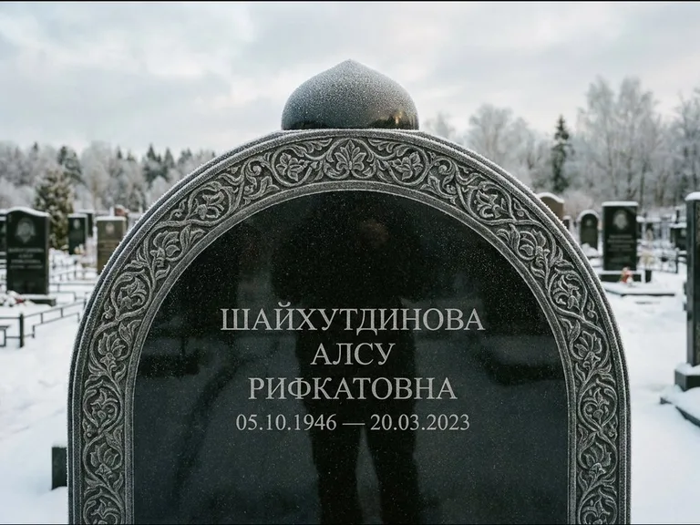 Мусульманский памятник: полукруглая стела с купольным навершием — гравировка мечети под полумесяцем и звёздами, заснеженный зимний участок, работа «Ганиева» в Челябинске
