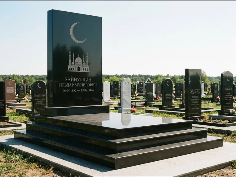 Мусульманский памятник: массивная стела на ступенчатом постаменте — гравировка мечети под полумесяцем и звёздами, гранитная площадка без ограды, работа «Хабибуллин» в Челябинске