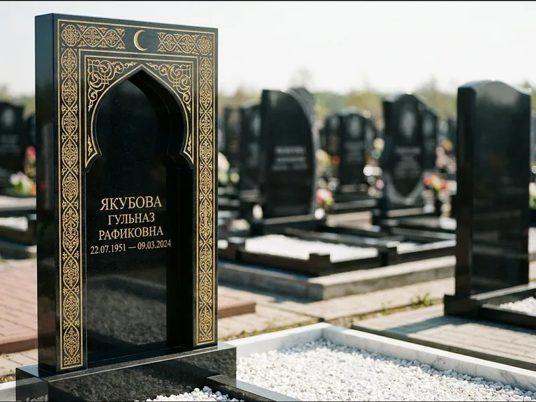 Мусульманский памятник: стела в форме михраба с глубокой нишей и золочёным орнаментом — детализированная гравировка мечети Кул-Шариф, участок с белой мраморной крошкой, работа «Мустафин» в Челябинске