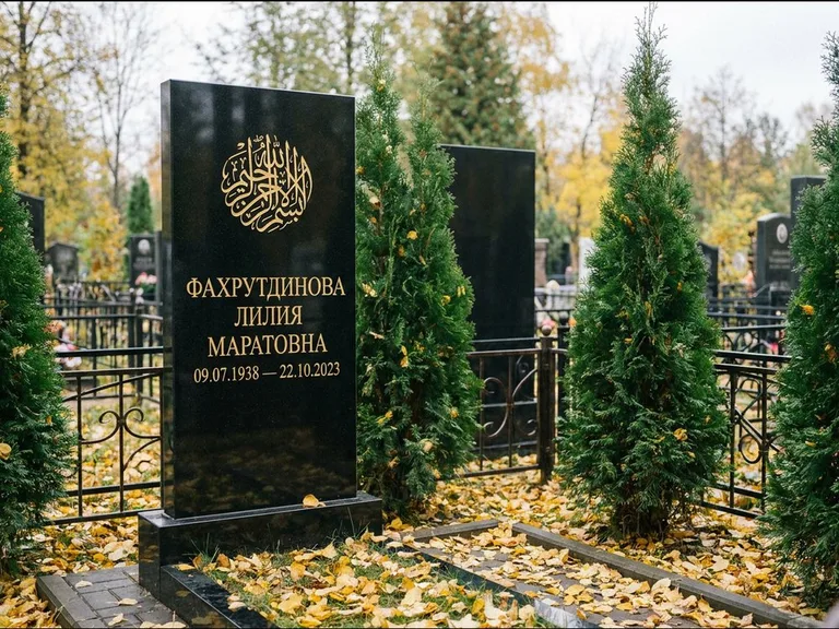 Мусульманский памятник — шахада в верхней части стелы, работа «Фахрутдинова» в Челябинске