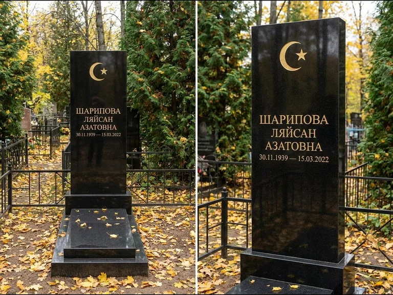 Памятник с гравировкой полумесяца — золочёная гравировка полумесяца со звездой в верхней части с, работа «Шарипова» в Челябинске