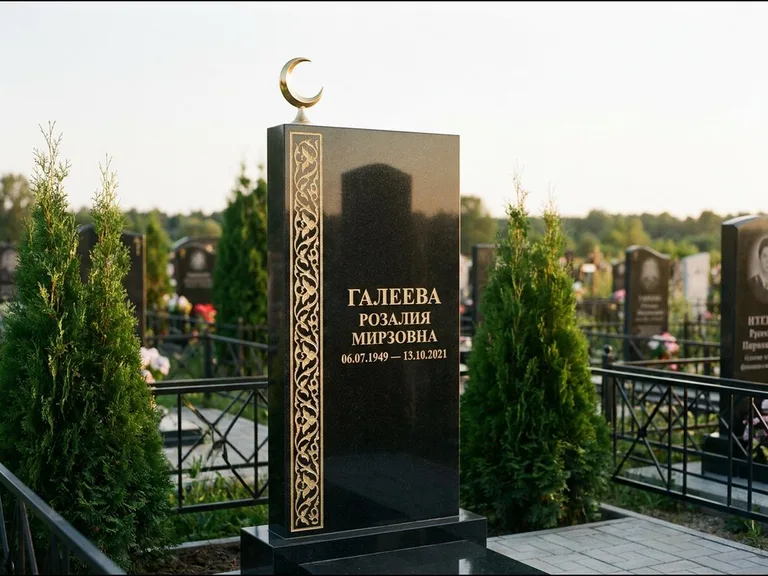 Памятник с гравировкой полумесяца — золочёный полумесяц и колонна растительного орнамента-ислими, работа «Галеева» в Челябинске