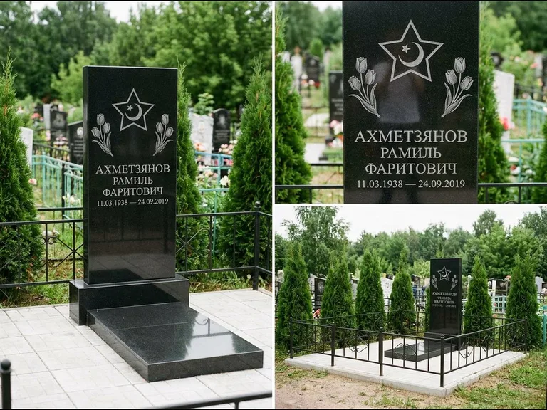 Памятник с гравировкой полумесяца — гравировка полумесяца со звездой и тюльпанами по бокам, работа «Ахметзянов» в Челябинске