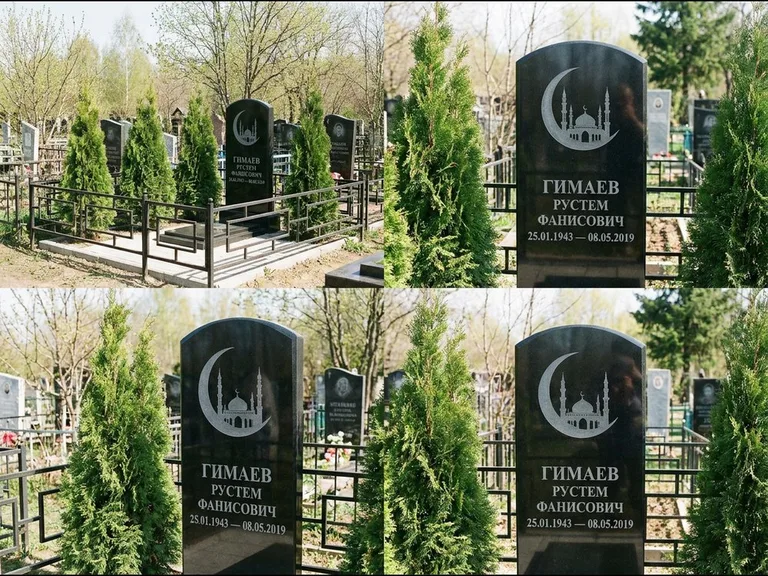 Памятник с гравировкой полумесяца — гравировка полумесяца над силуэтом мечети, работа «Гимаев» в Челябинске