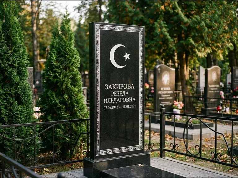 Памятник с гравировкой полумесяца — строгая белая гравировка полумесяца со звездой и орнаменталь, работа «Закирова» в Челябинске