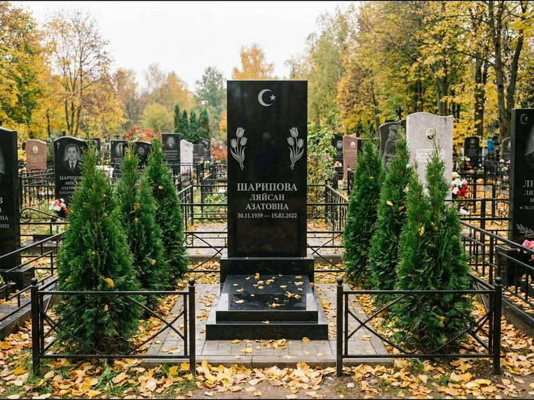 Памятник с гравировкой полумесяца — гравировка полумесяца со звездой и тюльпанами по бокам, работа «Шарипова» в Челябинске