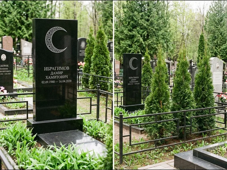 Памятник с гравировкой полумесяца — гравировка полумесяца в геометрическом орнаменте-гирихе, работа «Ибрагимов» в Челябинске