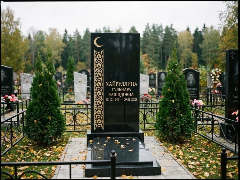 Памятник с гравировкой полумесяца — золочёный полумесяц и колонна растительного орнамента-ислими, работа «Хайруллина» в Челябинске