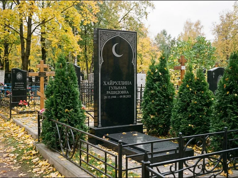 Памятник с гравировкой полумесяца — гравировка полумесяца в восточной арке с орнаментом, работа «Хайруллина» в Челябинске