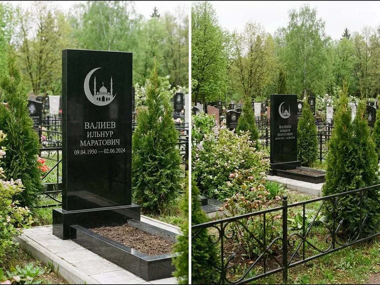 Памятник с гравировкой полумесяца — гравировка полумесяца над силуэтом мечети, работа «Валиев» в Челябинске