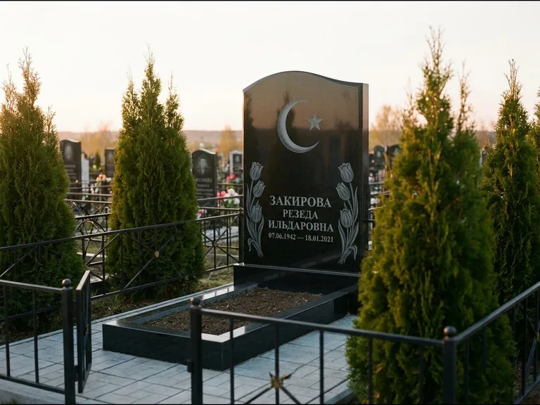 Памятник с гравировкой полумесяца — гравировка полумесяца со звездой и тюльпанами по бокам, работа «Закирова» в Челябинске