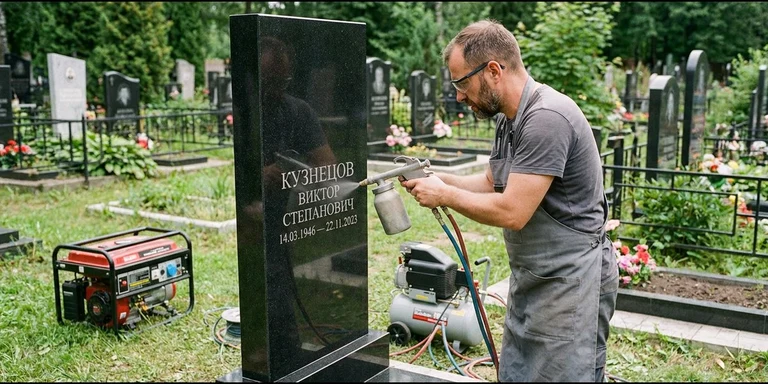 Гравировка на памятнике с выездом на кладбище в Челябинске — мастер гравирует установленный памятник
