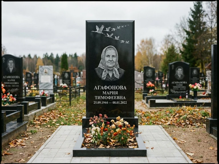Гравировка журавлей на памятник в Челябинске — памятник из чёрного гранита с гравировкой