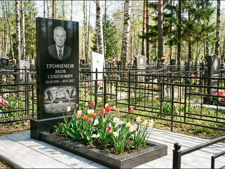 Памятник с гравировкой журавлей — гравировка пары журавлей над гладью озера в нижней части, работа «Трофимов» в Челябинске