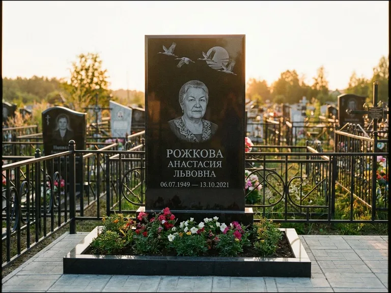 Памятник с гравировкой журавлей — гравировка клина журавлей на фоне солнечного диска, работа «Рожкова» в Челябинске
