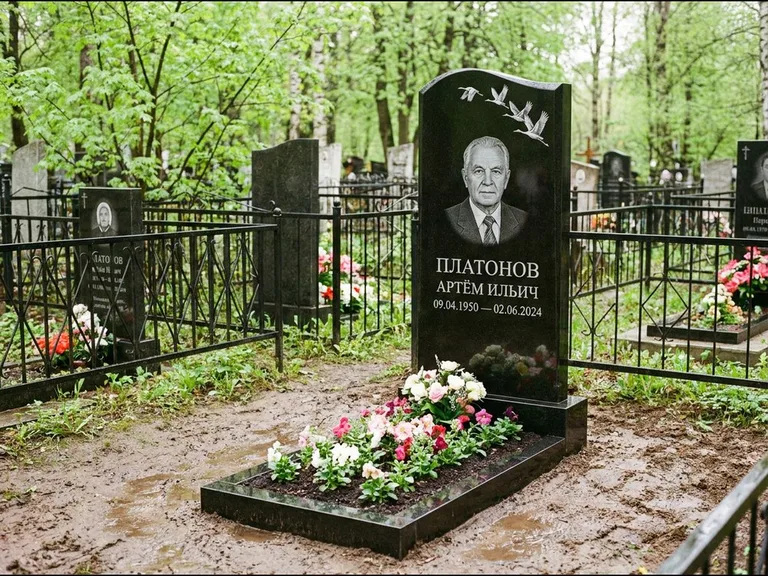 Памятник с гравировкой журавлей — белая гравировка клина журавлей, уходящего в верхний угол ст, работа «Платонов» в Челябинске