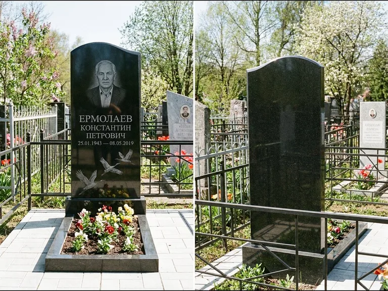Памятник с гравировкой журавлей — гравировка трёх журавлей по диагонали через свободное поле с, работа «Ермолаев» в Челябинске