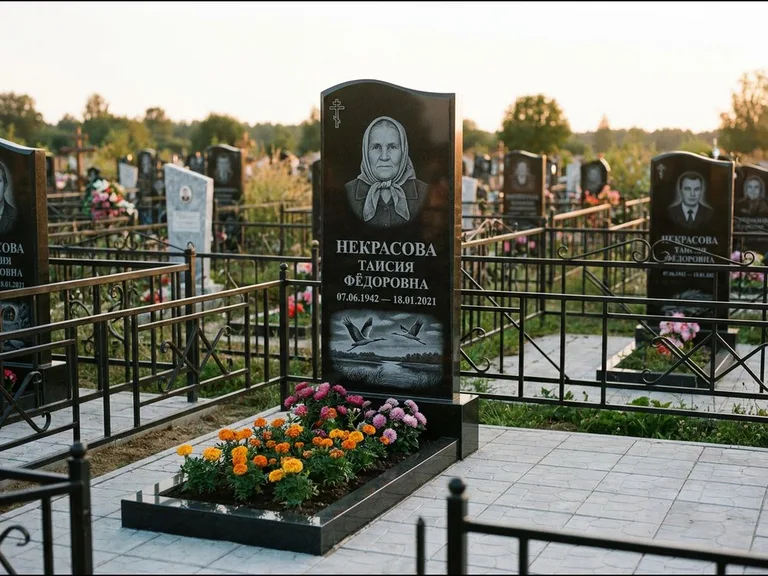 Памятник с гравировкой журавлей — гравировка пары журавлей над гладью озера в нижней части, работа «Некрасова» в Челябинске