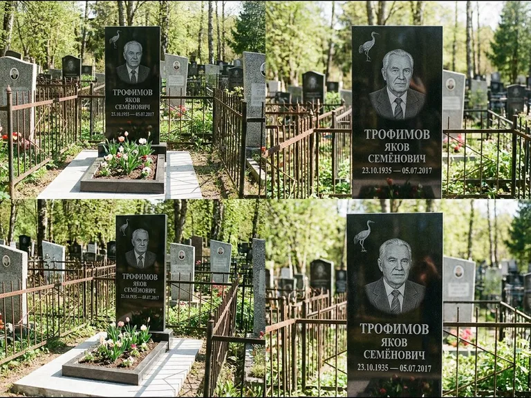 Памятник с гравировкой журавлей — гравировка одиночного летящего журавля над портретом, работа «Трофимов» в Челябинске