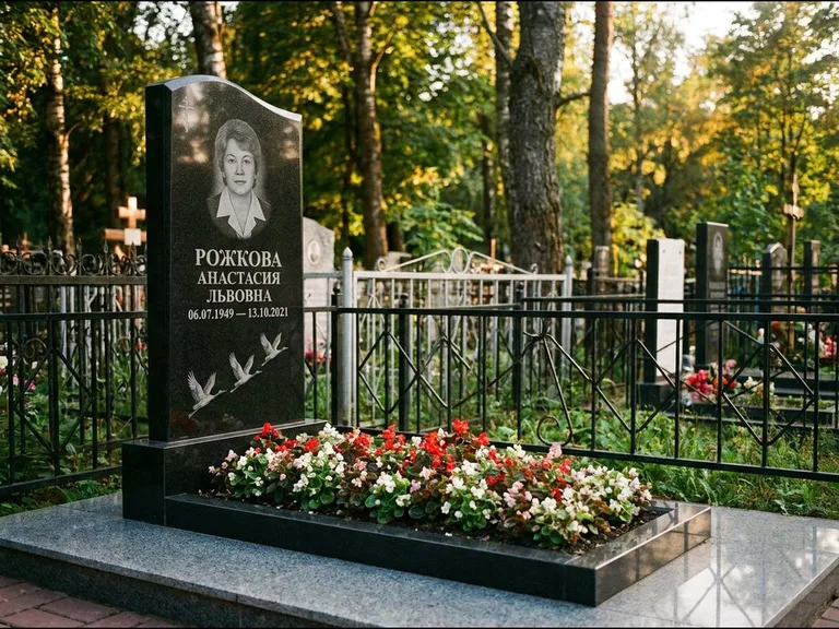 Памятник с гравировкой журавлей — гравировка трёх журавлей по диагонали через свободное поле с, работа «Рожкова» в Челябинске
