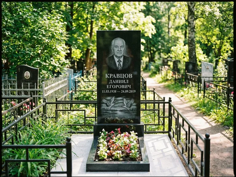 Памятник с гравировкой журавлей — гравировка пары журавлей над гладью озера в нижней части, работа «Кравцов» в Челябинске