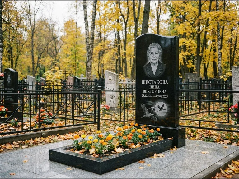 Памятник с гравировкой журавлей — гравировка клина журавлей на фоне солнечного диска, работа «Шестакова» в Челябинске