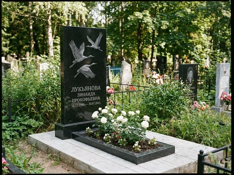 Памятник с гравировкой журавлей — гравировка журавлей, работа «Лукьянова» в Челябинске