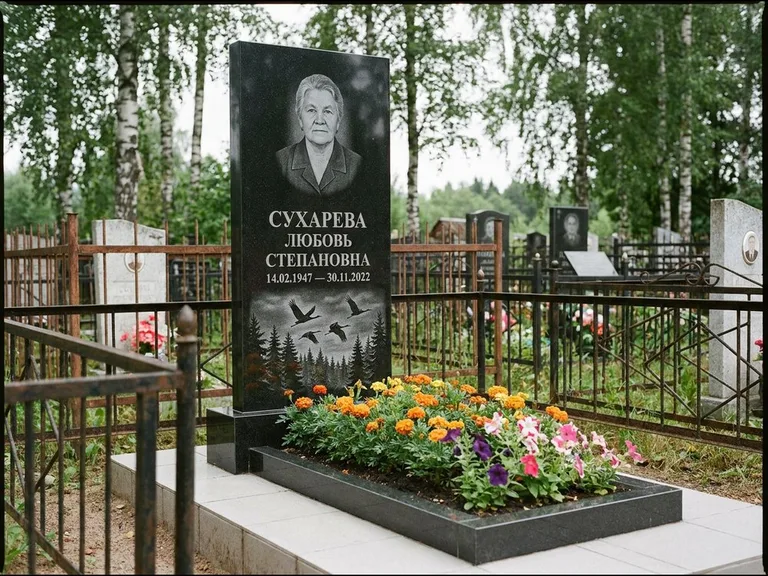 Памятник с гравировкой журавлей — гравировка силуэтов журавлей над еловым лесом, работа «Сухарева» в Челябинске