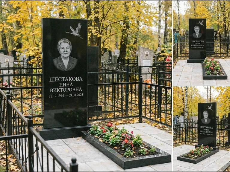 Памятник с гравировкой журавлей — гравировка одиночного летящего журавля над портретом, работа «Шестакова» в Челябинске