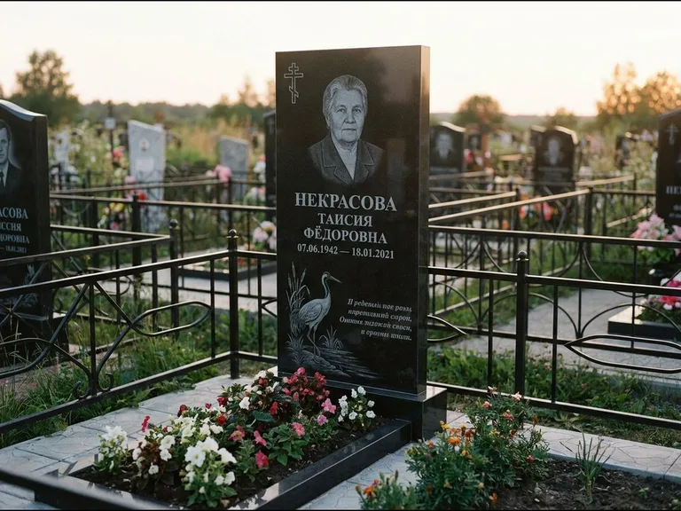 Памятник с гравировкой журавлей — гравировка журавля у камышей рядом с эпитафией, работа «Некрасова» в Челябинске