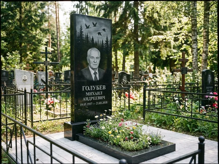 Памятник с гравировкой журавлей — гравировка силуэтов журавлей над еловым лесом, работа «Голубев» в Челябинске