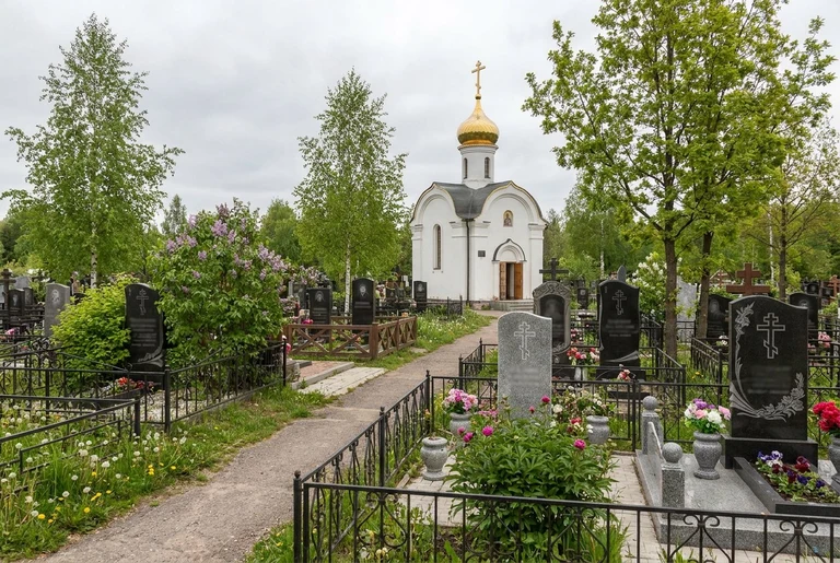 Гранитный памятник тёмного цвета на ухоженном участке Кузьмоловского кладбища среди сосен