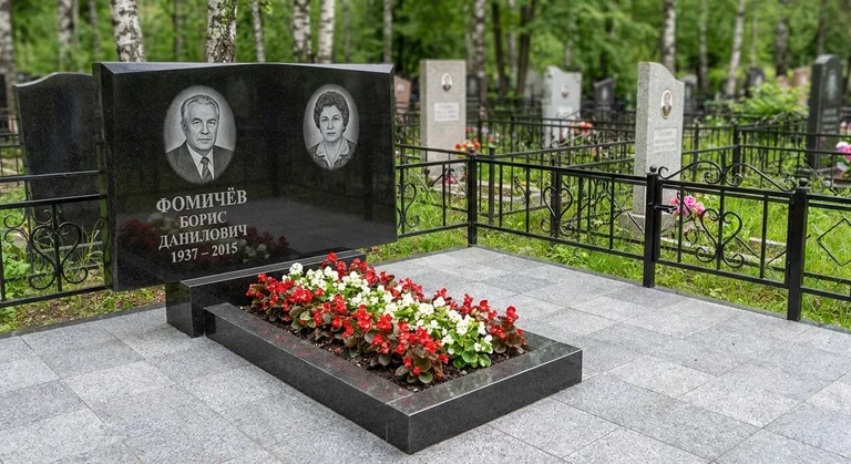 Семейный (двойной) памятник, Памятник из гранита, установленный мастерской «Мастер Каменев» на кладбище Новосибирска