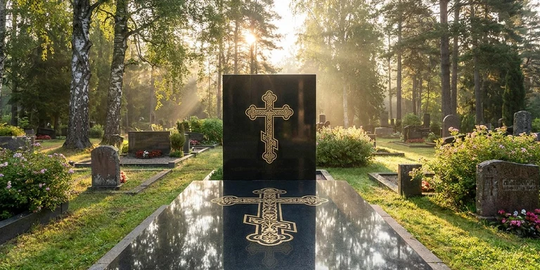 Гравировка креста на памятнике в Челябинске — православный восьмиконечный крест на граните
