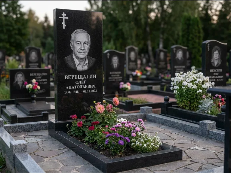 Памятник из чёрного гранита — горизонтальная плита-стела с православным восьмиконечным крестом, работа «Тихонов» в Челябинске