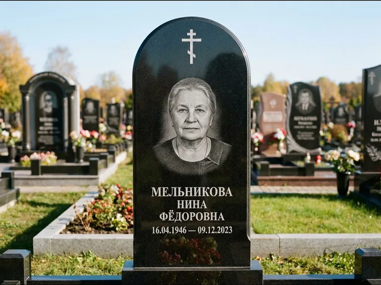 Памятник из чёрного гранита — стела с резным навершием с латинским крестом, работа «Савельева» в Челябинске