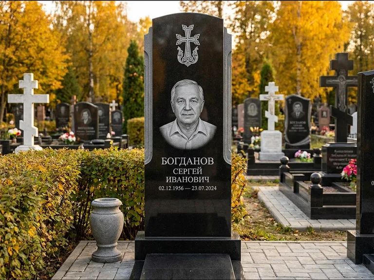 Памятник из чёрного гранита — круглая стела-медальон с армянским хачкаром, работа «Ковалёв» в Челябинске