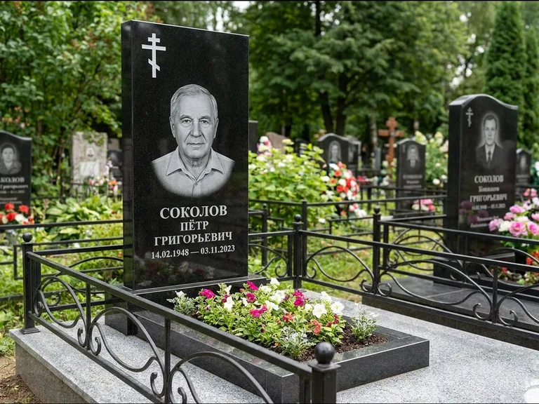 Памятник из чёрного гранита — стела с арочным верхом с православным восьмиконечным крестом, работа «Ковалёв» в Челябинске