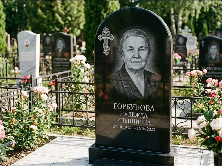 Памятник из чёрного гранита — стела с боковой колонной с крестом в лучах, работа «Мельникова» в Челябинске