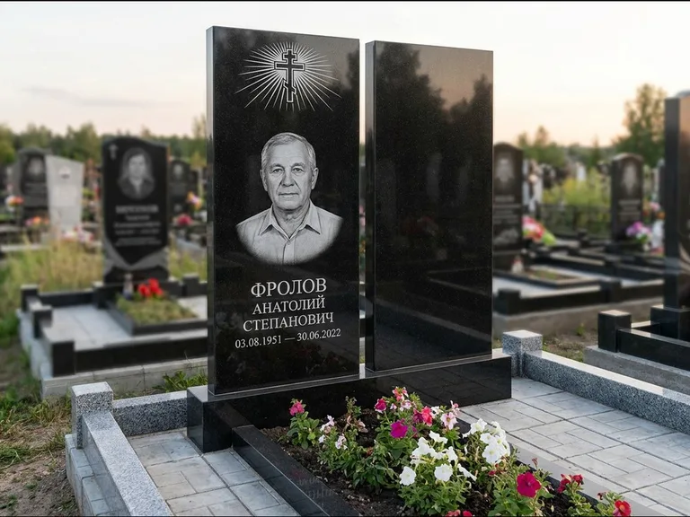 Памятник из чёрного гранита — стела на ступенчатом постаменте с золочёным крестом, работа «Богданов» в Челябинске