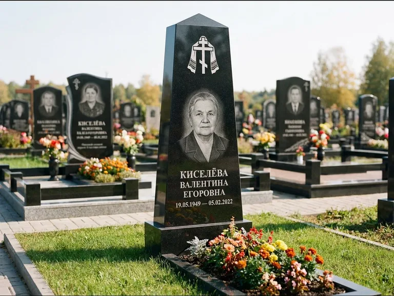 Памятник из чёрного гранита — стела со скошенным верхом с ажурным резным крестом, работа «Селезнёва» в Челябинске