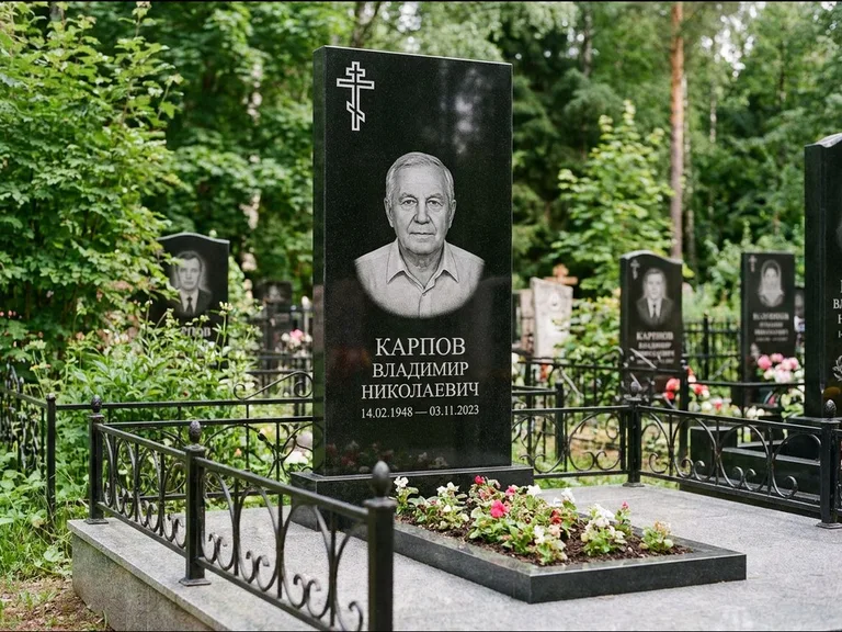Памятник из чёрного гранита — узкая стела с ажурным крестом с православным восьмиконечным крестом, работа «Гущин» в Челябинске