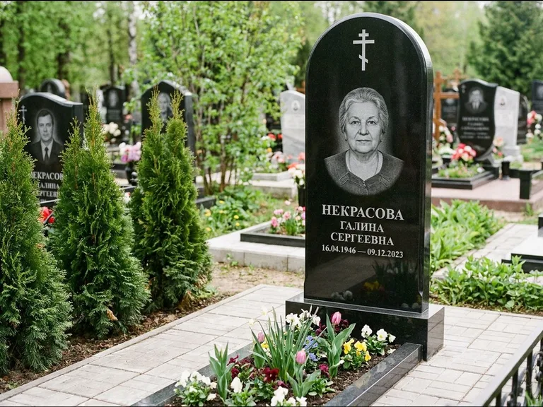 Памятник из чёрного гранита — стела с цветником-плитой с латинским крестом, работа «Лаврентьева» в Челябинске
