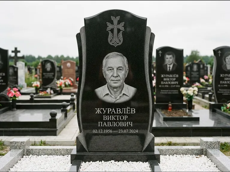 Памятник из чёрного гранита — панорамная стела с армянским хачкаром, работа «Тихонов» в Челябинске