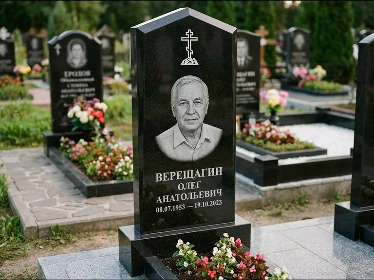 Памятник из чёрного гранита — обелиск-колонна с крестом на Голгофе, работа «Ковалёв» в Челябинске