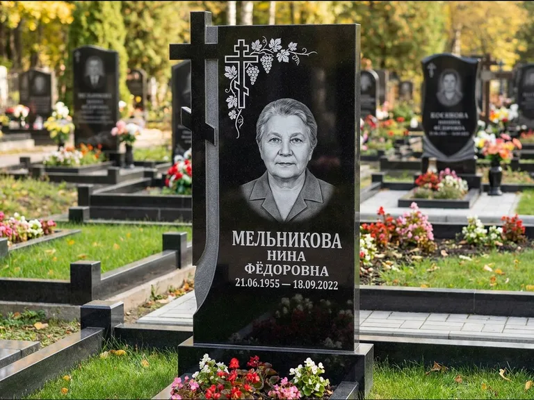 Памятник из чёрного гранита — стела с резной рамкой с крестом с распятием, работа «Некрасова» в Челябинске
