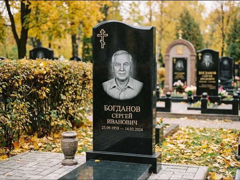 Памятник из чёрного гранита — стела с цветником с процветшим крестом с виноградной лозой, работа «Журавлёв» в Челябинске