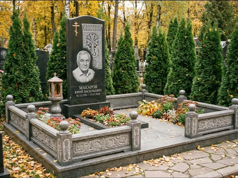 Памятник из чёрного гранита — стела с крестом и лампадой с армянским хачкаром, работа «Гущин» в Челябинске